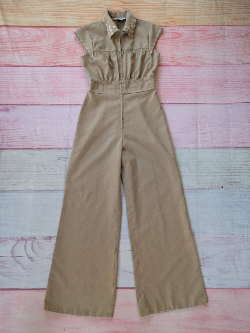Vintage 70s Tan Jumpsuit | Wide Leg Embroidered Collar Folk Style XS